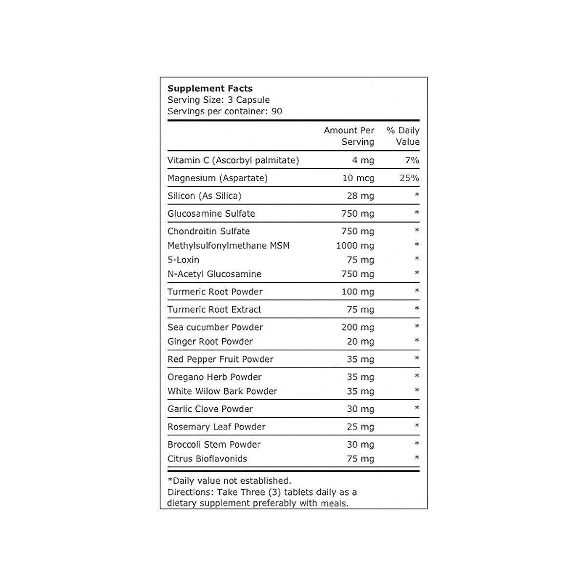 Glucosamine supplement nutrition label
