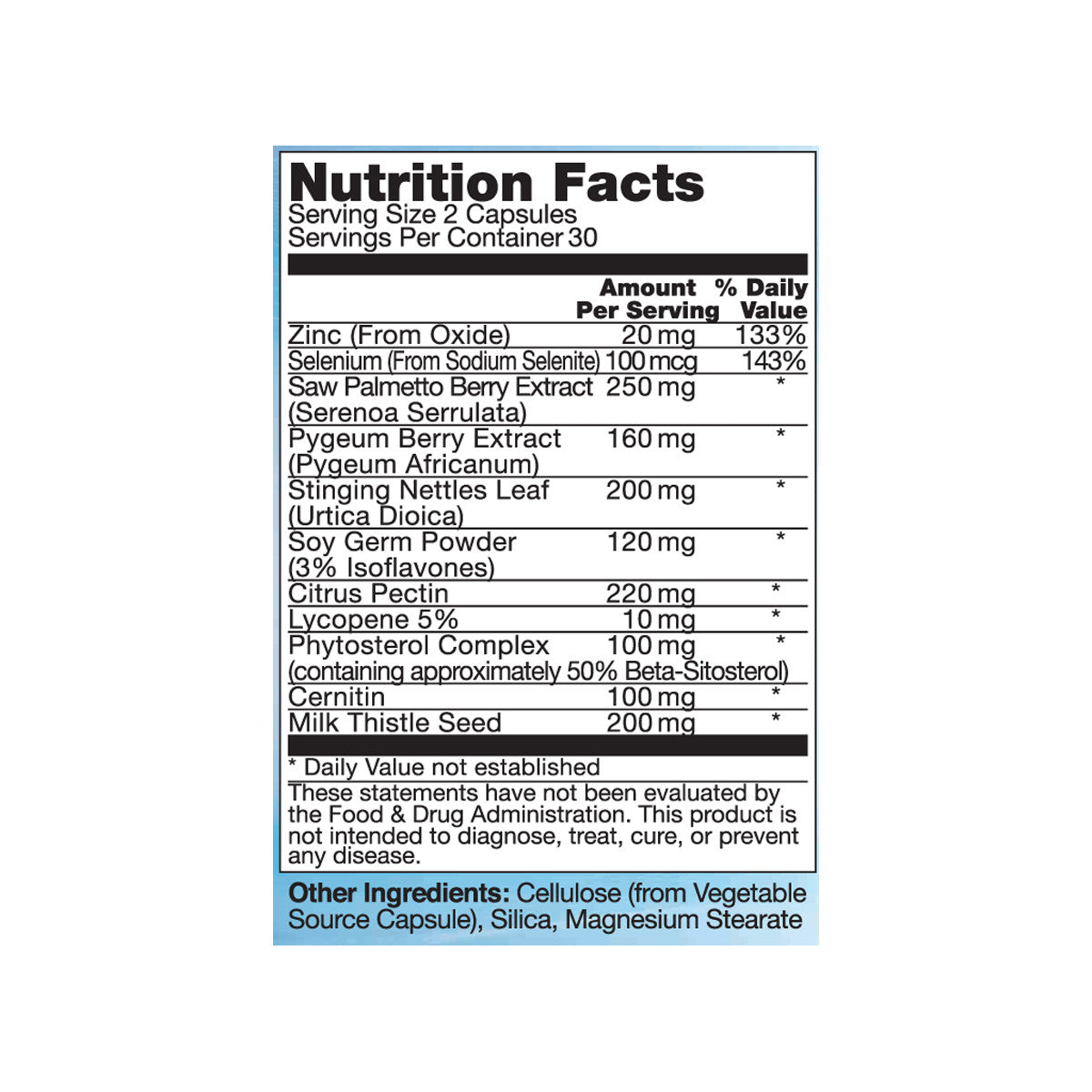 Prostate care supplement nutrition label